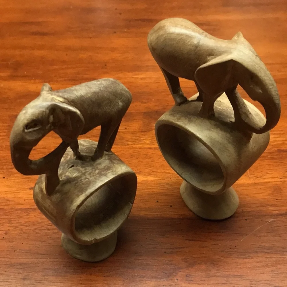 Vintage Hand Carved Wooden Elephant Napkin Rings